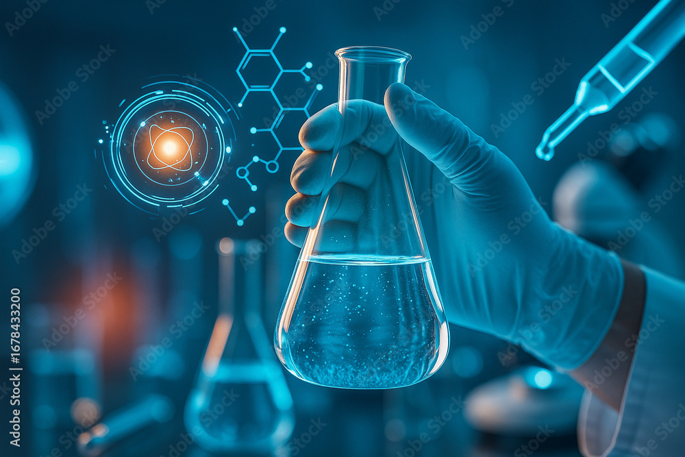 Poster ai generated ultra realistic laboratory scene showing a gloved hand holding a flask with glowing liq