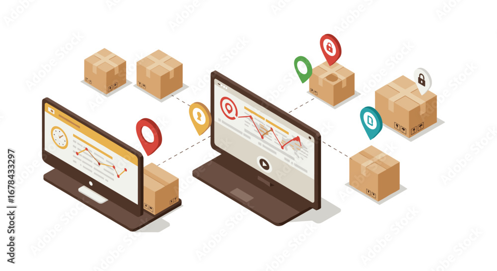 Poster e-commerce logistics isometric concept with computers and delivery boxes