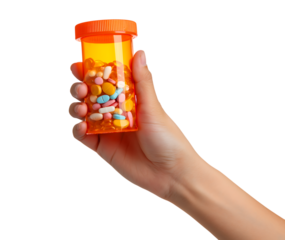 Hand Holding Colorful Prescription Pills in Orange Bottle isolated on a transparent background