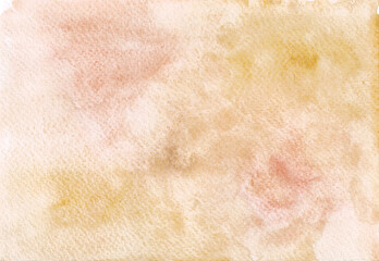 Watercolor abstract background. Different shades of orange, peach color, pastel pink. Texture of watercolor paper is visible. Chaotic spots. In the upper right corner, there are more saturated colors.