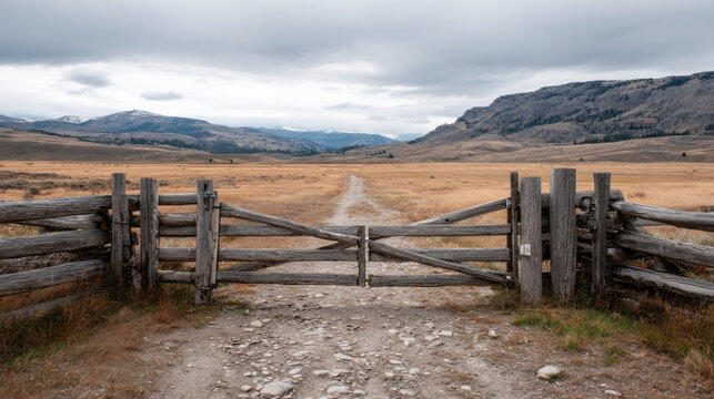 Vast moody landscape with wooden gate and fence entrance to Yellowstone ranch leading to mountain road