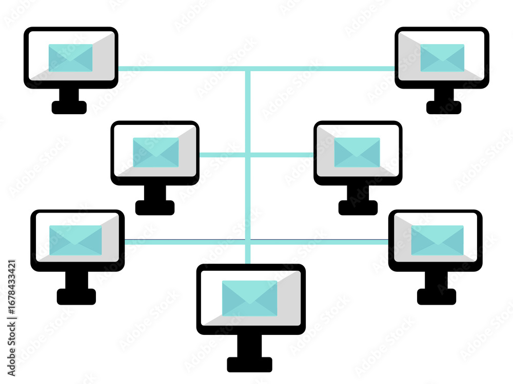 Fototapete connected computers with email icons on screens. visual of network communication. data sharing inter