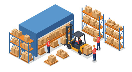 Modern warehouse logistic process with forklift and workers in isometric style