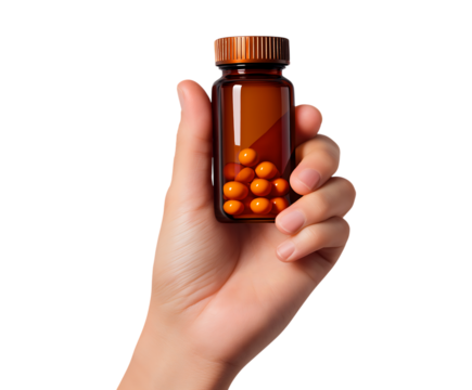 Hand holding a brown glass bottle filled with bright orange pills, symbolizing health and medicine isolated on a transparent background - Powered by Adobe