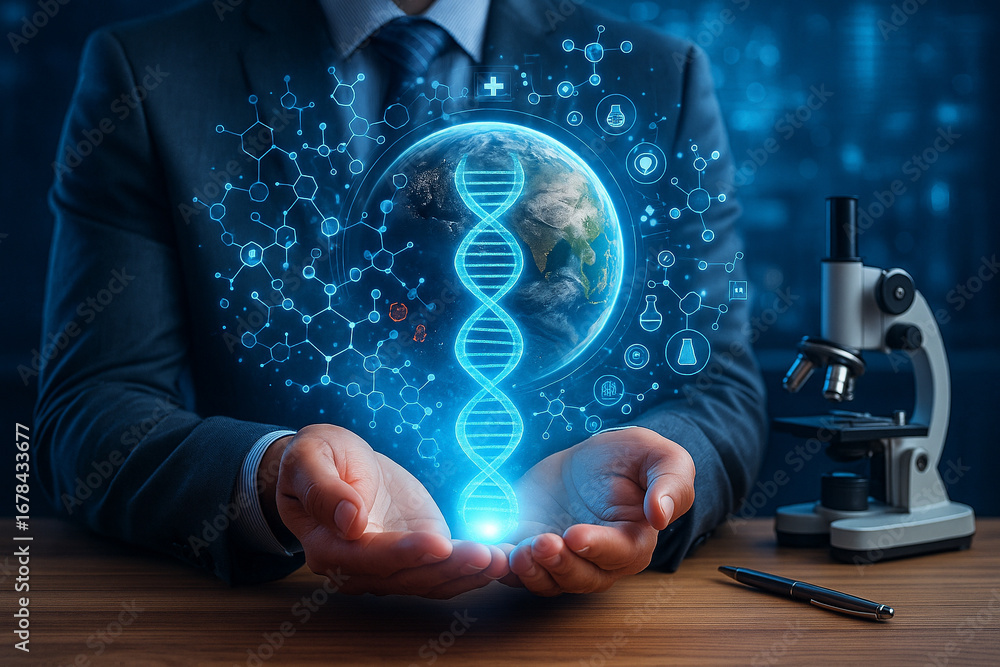 Poster ai generated image showing businessman hands holding glowing dna with molecular graphics global scie