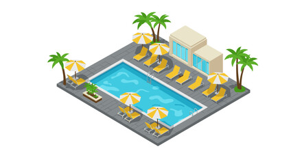 Isometric poolside retreat with sun loungers and umbrellas