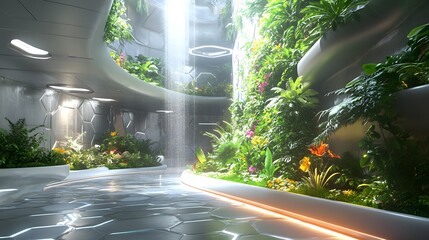 A futuristic indoor vertical garden with digital irrigation and radiant LED lights