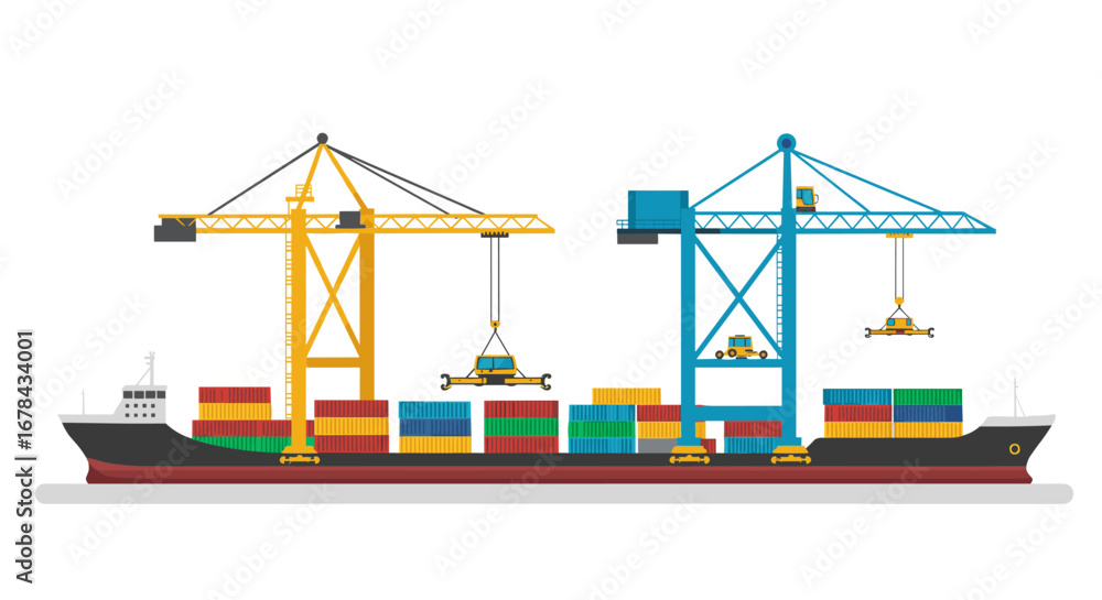 Poster cargo ship with cranes loading containers in flat style port scene