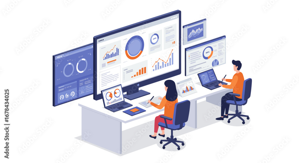 Poster digital analytics team working in modern office with data visualization