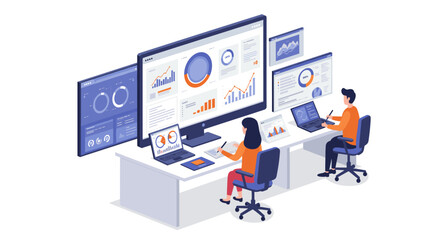 Digital analytics team working in modern office with data visualization