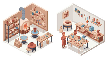 Isometric ceramic workshop with pottery tools and kiln in warm earthy tones