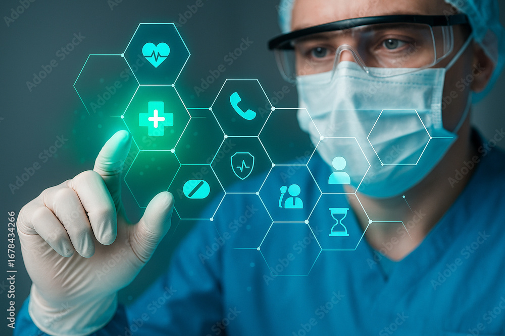 Aufkleber ai generated futuristic medical concept showing doctor using digital hexagon interface with health i