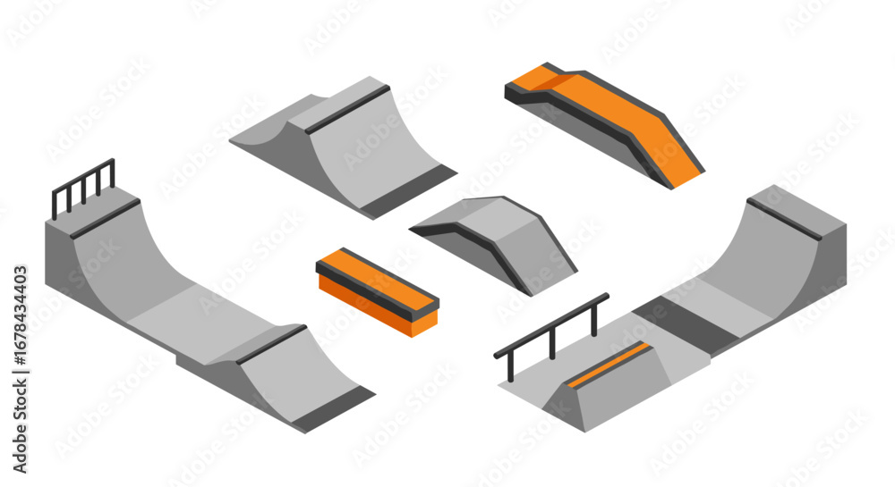 Poster isometric skate park elements with ramps and rails in gray and orange