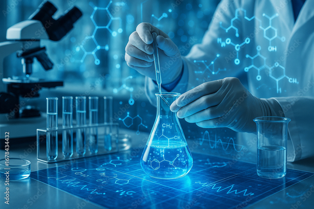 Aufkleber ai generated of scientist in modern lab using pipette with glowing blue liquid flask surrounded by t