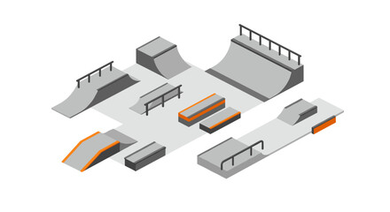 Isometric skate park design with ramps, rails, and platforms