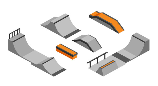 Isometric skate park elements with ramps and rails in gray and orange