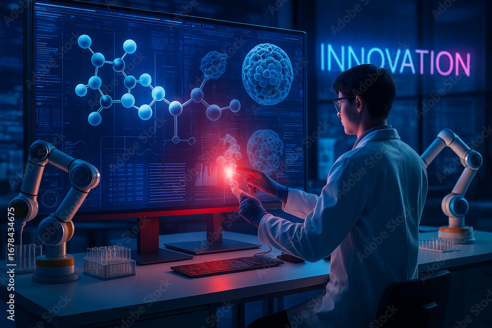 Aufkleber ai generated of scientist in modern laboratory interacting digital screen molecular structures cell 