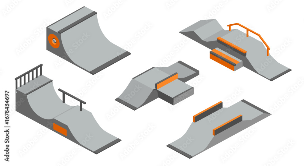 Poster isometric skatepark elements with ramps and rails