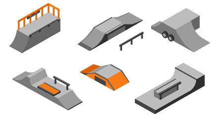 Isometric skatepark elements collection featuring ramps and rails