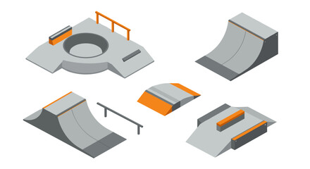 Isometric skatepark elements collection with ramps and rails in gray and orange