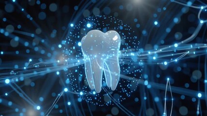 3D digital tooth as the central core glowing blue holographic network, connected futuristic dental devices, intricate network particle advanced dental technology seamless loop animation - Powered by Adobe