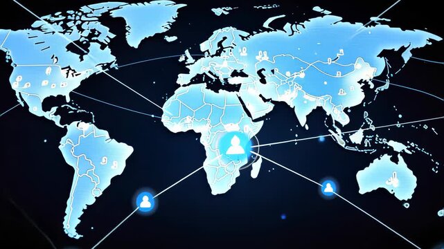 Digital Global Network Depicting Interconnected Population Across Continents with Illuminated Links Highlighting Communication and Data Exchange Pathways