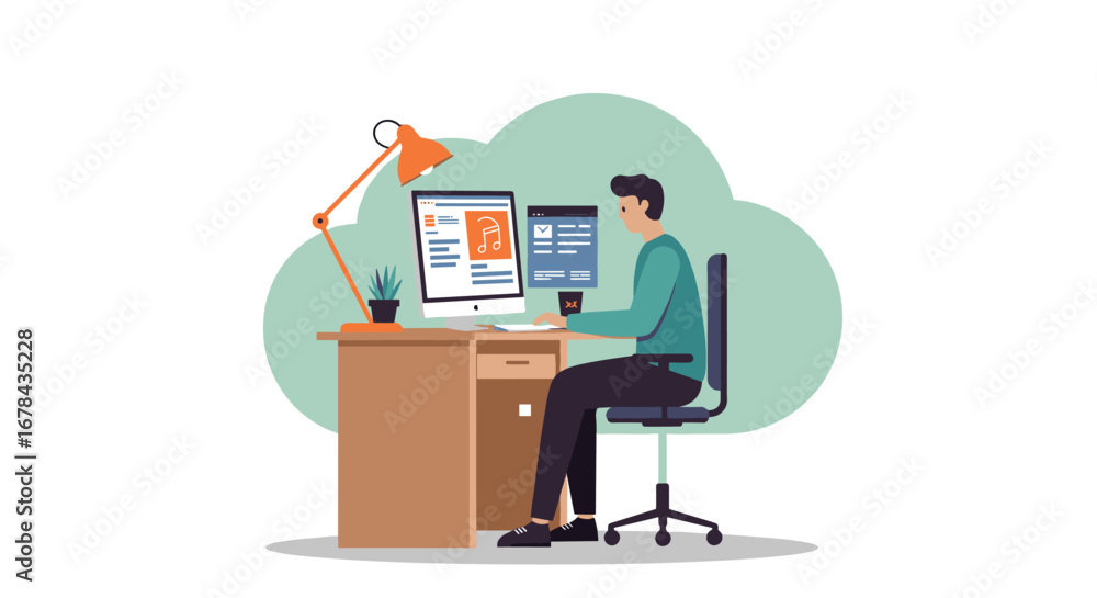 Poster home office productivity: person working at desk with computer and lamp in minimalist style