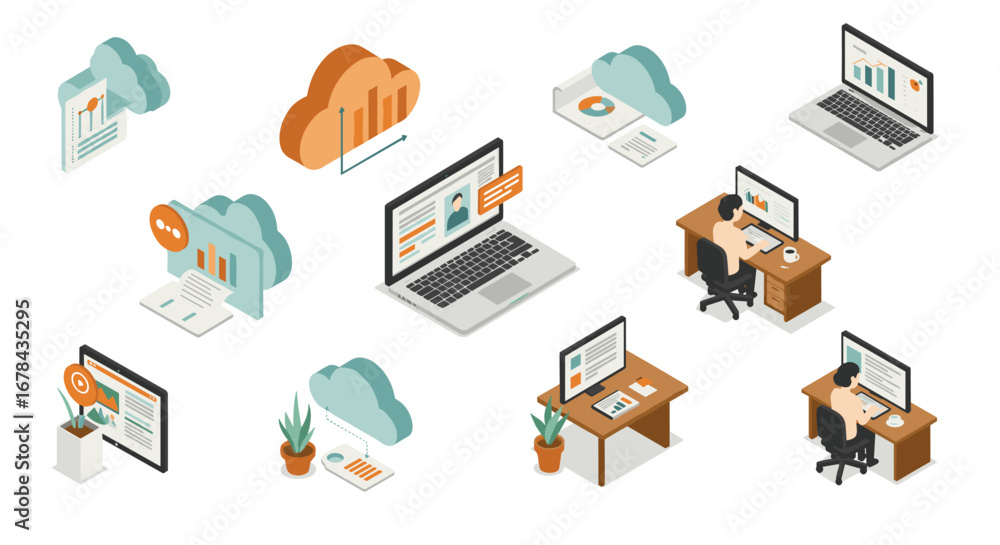 Poster isometric remote work and cloud computing concept with laptops and data charts