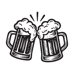 Two frothy beer mugs clinking together in a festive celebration toast white background