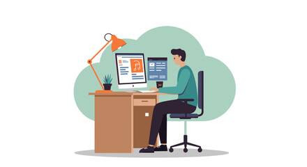 Fototapeta premium Home office productivity: person working at desk with computer and lamp in minimalist style
