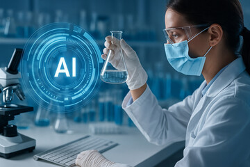 AI generated futuristic of scientist in lab coat holding glass flask with digital hologram AI interface microscope and modern lab equipment symbolizing advanced biotechnology innovation and research