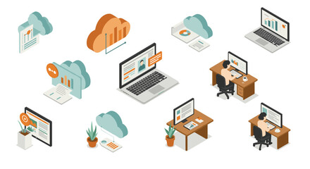Isometric remote work and cloud computing concept with laptops and data charts