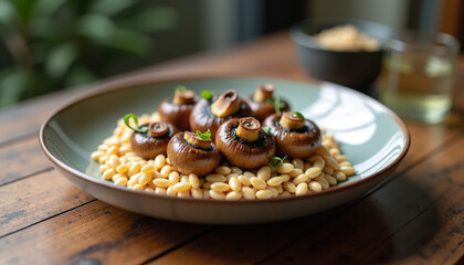 Delicious mushroom dish served on a bed of couscous with greens in a cozy setting