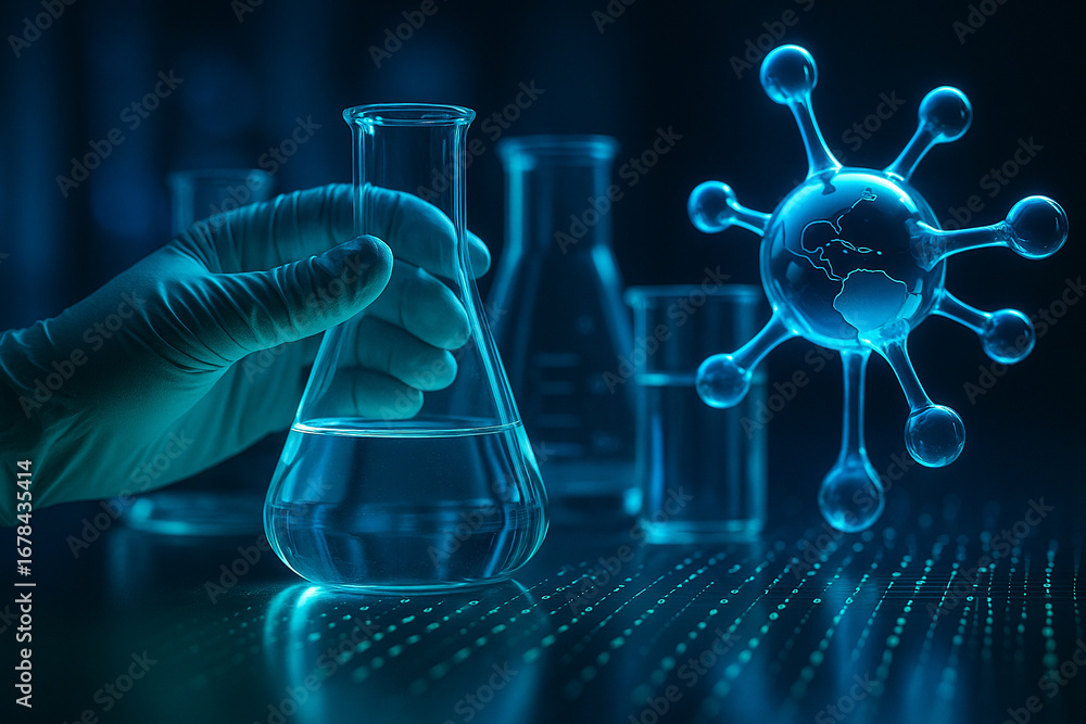 Aufkleber ai generated image of a gloved hand holding glass flask with glowing molecular structure and digital