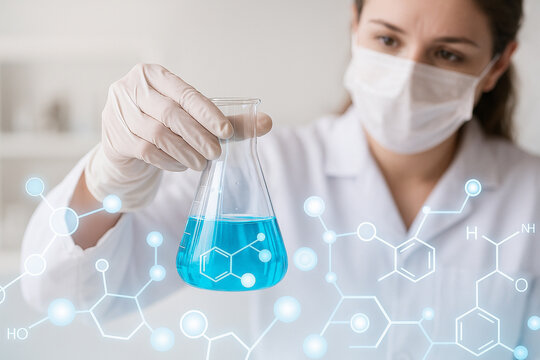 AI generated of female scientist in white coat mask and gloves holding flask with glowing blue liquid molecular structures and chemistry graphics symbolizing research innovation and modern science - Powered by Adobe