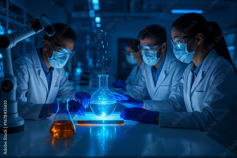 Poster ai generated scientists in modern laboratory working together with glowing blue energy flask robotic