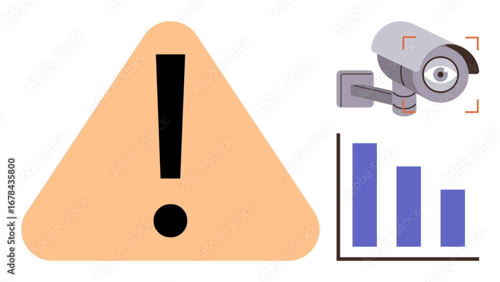 Poster exclamation mark on warning sign, cctv camera capturing footage, bar chart visualizing data trends. 