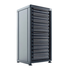 Tall dark gray server rack with multiple storage units inside a data center