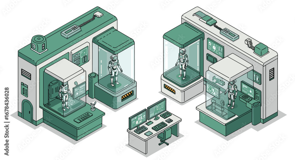 Aufkleber futuristic technology isometric lab with robots and control center