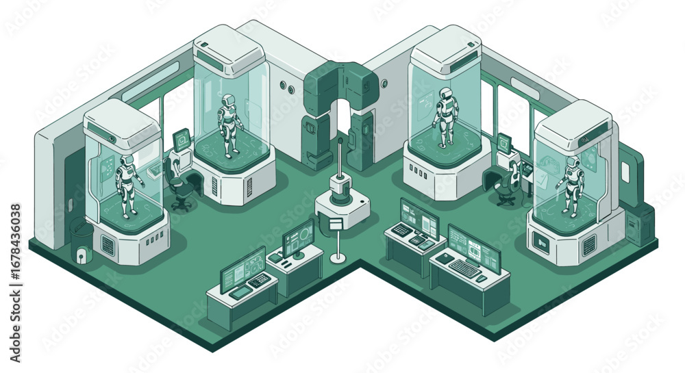 Aufkleber futuristic isometric laboratory with robots in high-tech pods
