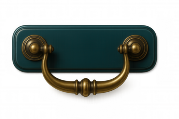 Elegant brass drawer pull handle on teal background, isolated and ideal for interior design projects