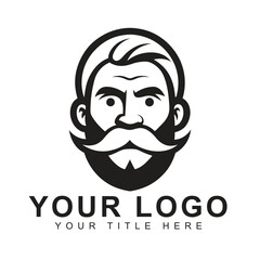 Old Man Face Logo with Big Mustache Vector Illustration