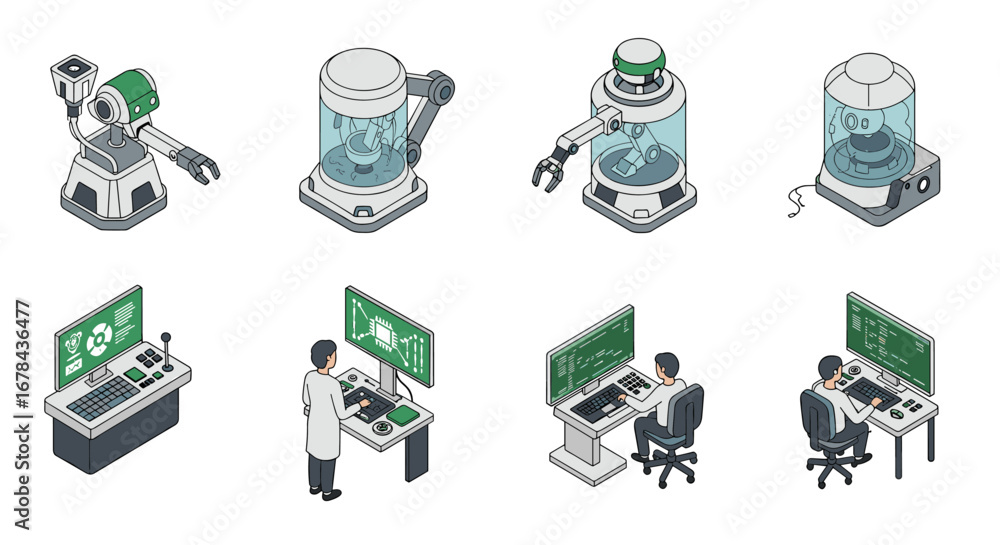 Aufkleber futuristic laboratory robotics and computer workstations in isometric style