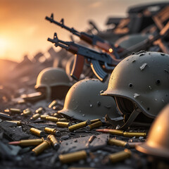 Pile of military helmets and rifles amidst ammunition and debris at sunset