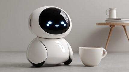 Cute robot, white, near coffee cup