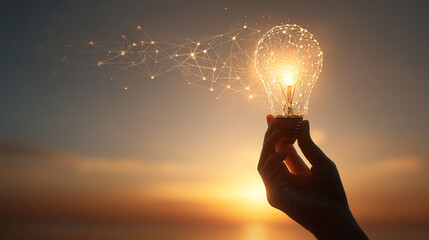 Hand holding a glowing light bulb with interconnected network lines extending from it, symbolizing innovation and ideas against a sunset background