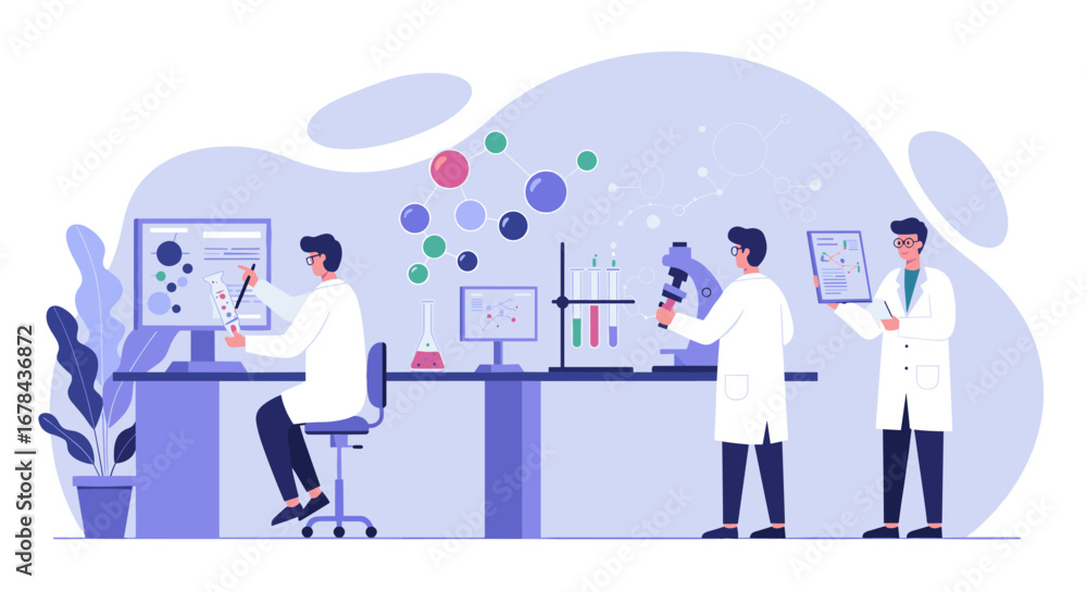 Poster modern scientific laboratory with scientists analyzing data and conducting experiments
