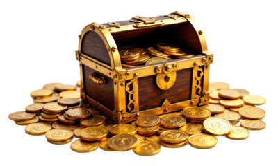 Wooden Treasure Chest Filled with Gold Coins on Transparent Background