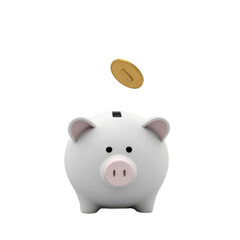 White Piggy Bank and Gold Coin on Transparent Background