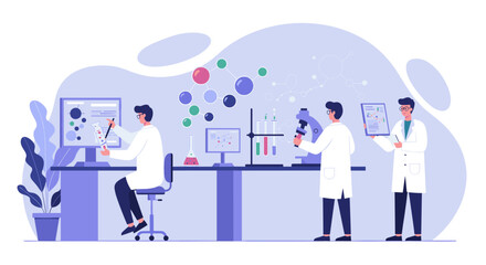 Modern scientific laboratory with scientists analyzing data and conducting experiments